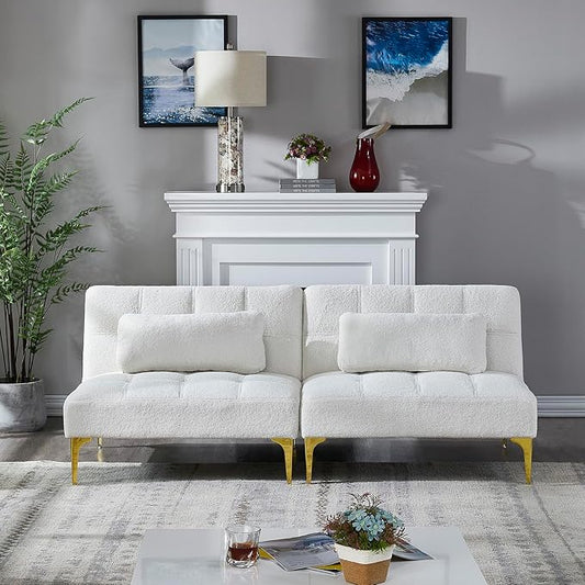 71 Sectional Sofa Bed Convertible Futon Couch with Adjustable Backrest Comfy Loveseat Sleeper with 2 Pillows Modern Armless Love Seat with Gold Metal Legs for Small Living Room Bedroom White