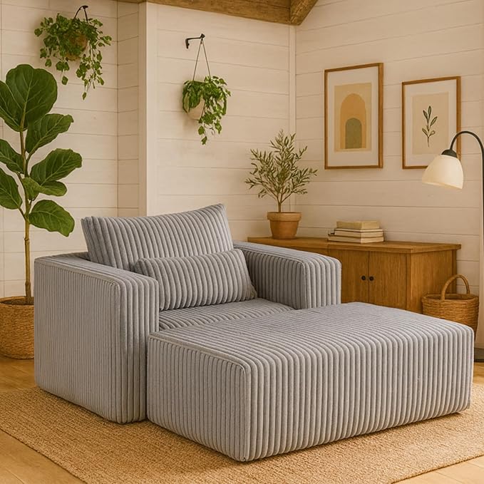 50.98'' Corduroy Boneless Couch with Square Armrests and 2 Cushions Modern Luxury Compressed Sofa Couch with Movable Ottoman No Assembly Required Living Room Apartment HotelGrey