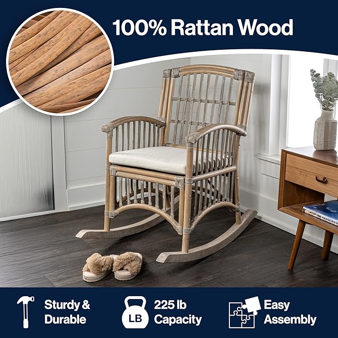 JONATHAN Y RCK200B Swayze Bohemian Farmhouse Woven Rattan/Wood Rocking Chair White Cushion with Gray/White Wash Frame for Home Living Room Bedroom Guestroom Foyer Library