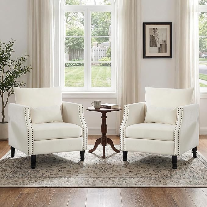 civama Linen Accent Chairs Set of 2 with Lumbar Pillow - Ergonomic Spring Support Upholstered Armchair 300LBS Capacity Nailhead Trim Easy Assembly for Living Room Bedroom Beige