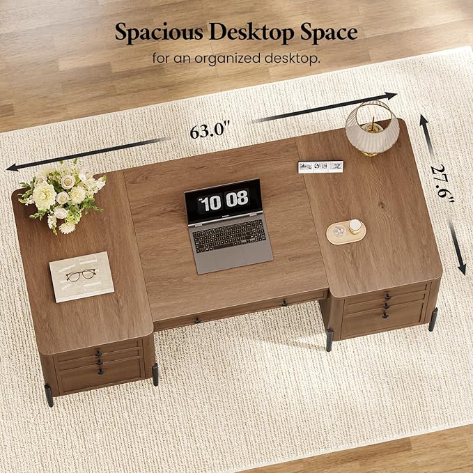63 Executive Desk with 5 Drawers Farmhouse Home Office Desks with 2 Storage Cabinet and Keyboard Tray Large Boss Desk with Privacy Panel Modern Table with Open Shelf and File Drawer