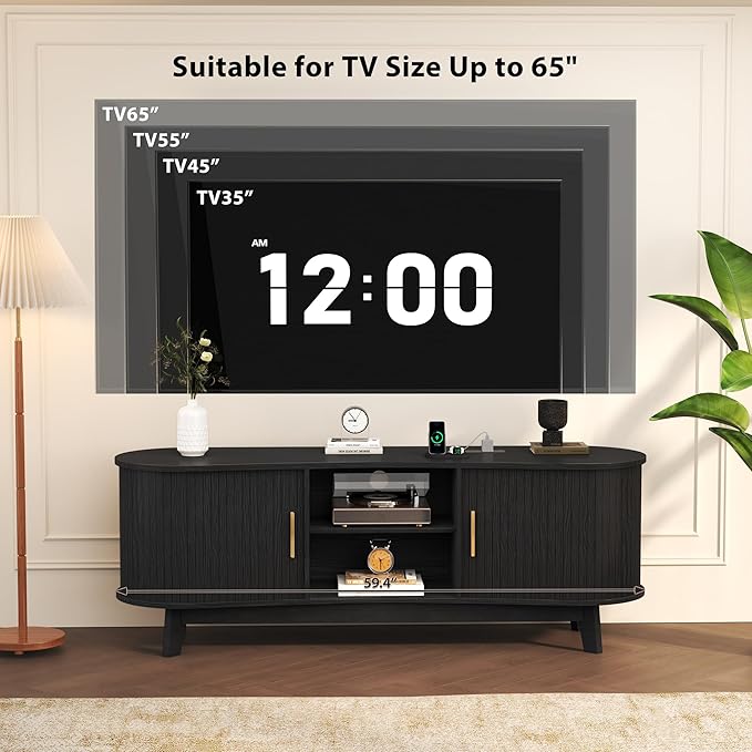 Mid Century Modern TV Stand for 65 Inch TVs Fluted TV Stands with Open Shelves and Sliding Door Media Cabinet with Power Outlet Entertainment Center with Storage for Living Room Black