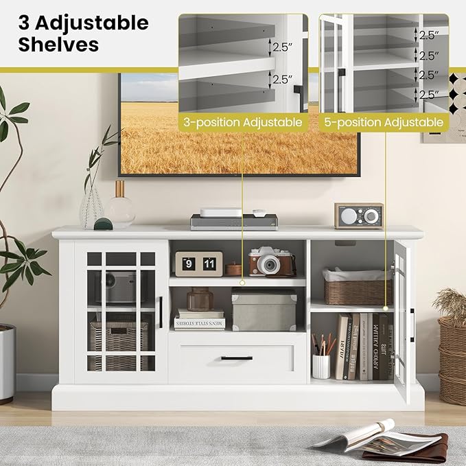 Tangkula Farmhouse TV Stand for TV up to 65 70 Inches Tall Media Console Table with 2 Glass Storage Cabinets 1 Drawer &amp 2 Open Shelves Wooden Entertainment Center for Living Room (White)