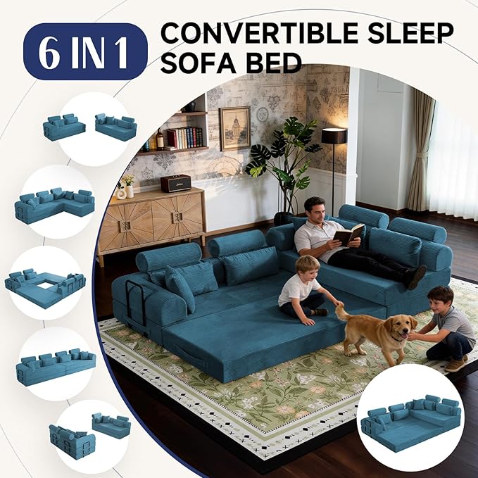 106” Cloud Sectional Couch L-Shaped Sofa with Right Facing Chaise Corduroy Boneless Couches Compressed Modular Sectional Sofa with Deep Seat High Backrest Headrest (Azure)