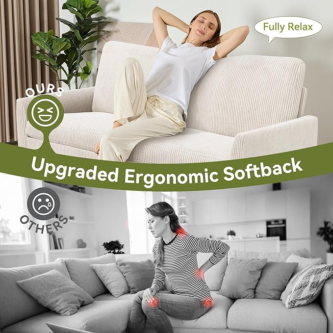 68 Loveseat Sofa Comfy White Corduroy Couches for Living Room Mid Century Modern Love Seat Sofa Tool-Free Setup Small Couches for Bedroom Office