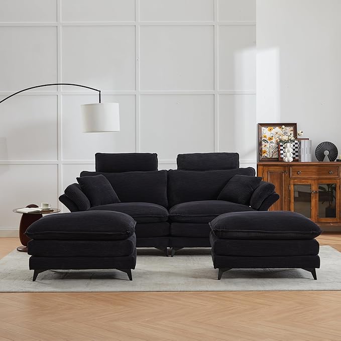 KEIKI 85.8 Oversized Corduroy Loveseat Sectional Sofa w/Movable Ottoman &amp HeadrestsModern Minimalist Deep Seat Cloud Couches with Extra-Thick Cushions for Living Room ApartmentBedroomBlack