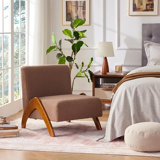 Oversized Accent Chair upholstered armless mid Century Modern Living Room Chair with Wooden Legs for Bedroom/Office/Cafe Sherpa Brown