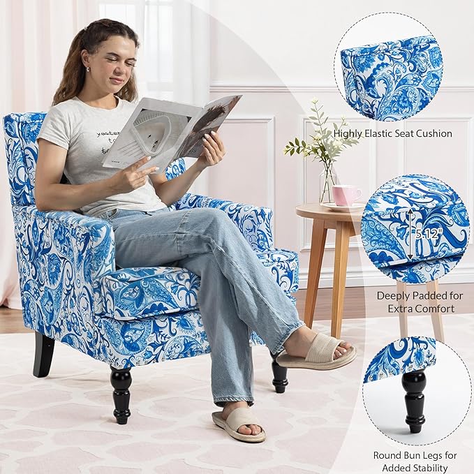 Rovibek Midcentury Modern Accent Chair - High Back Living Room Chairs Upholstered Armchair with Solid Legs Blue and White Porcelain Printed Accent Chairs for Bedroom Living Room Balcony