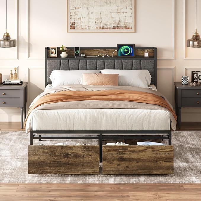 Queen Bed Frame with Storage Drawers and Charging Station Upholstered Headboard Metal Platform Bed with USB Ports No Box Spring Needed Easy Assembly Dark Brown
