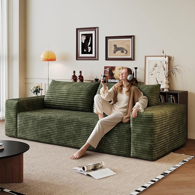 Boneless Sofa Compressed Sofa Couch in a Box Deep Seat Couch for Living Room Bedroom Conference Room Apartment Backrest Pillow No Assembly (Green 63)