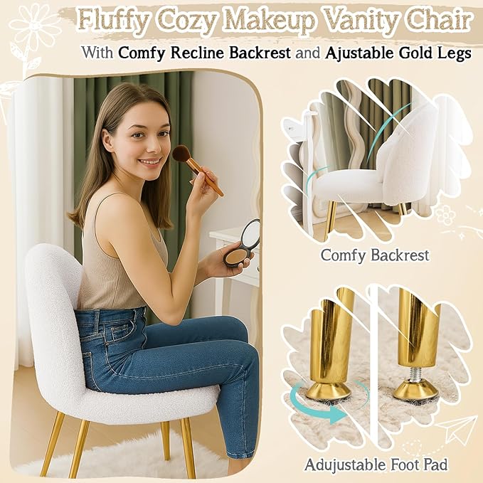 VINGLI Boucle Girls Vanity Chair with Back &amp PillowCute Small Cozy Desk Chair No WheelsComfy Makeup Ch with Ajustable Gold Legsfor BedroomLiving RoomSmall SpaceWhite