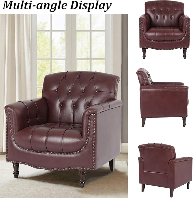 Faux Leather Accent Chair PU Leather Modern Comfy Upholstered Armchair with Wood Legs &amp Nailhead Trim for Living Room Bedroom (RedSet of 2)