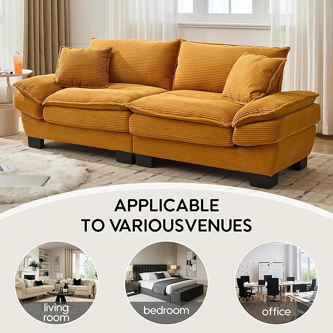 Modern 84 Corduroy Loveseat Sofa Ultra-Comfy Couch with 2 Pillows for Apartment Living Room Bedroom Home Office (Yellow)