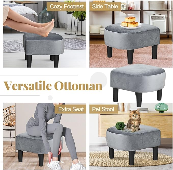 GOFLAME Accent Chair with Ottoman Modern Velvet Fabric Barrel Chair with Footrest Curved Backrest Removable Seat Cushion Upholstered Club Tub Sofa Reading Armchair for Living Room Bedroom Gray