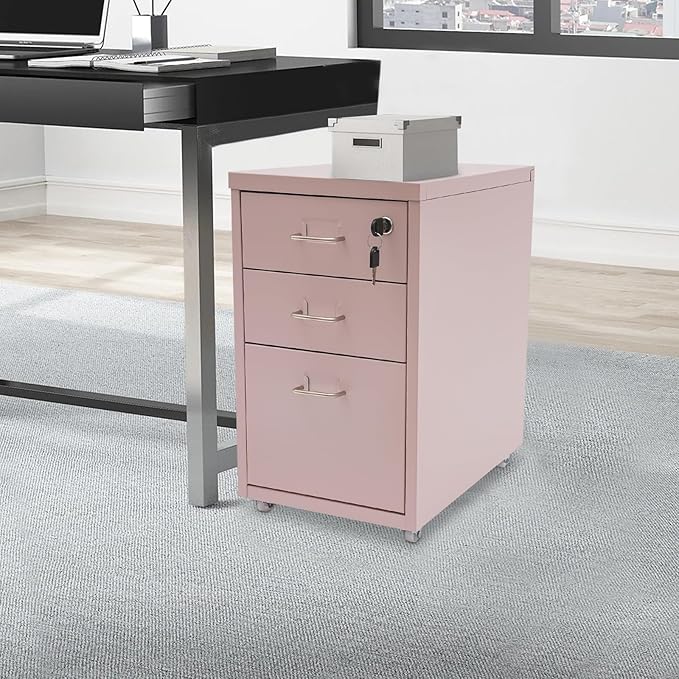 3-Drawer Vertical File Cabine Pink Metal Mobile Filing Cabinet Under Desk with Lock and Wheels Under Desk Metal Filing Cabinet for Office and Home - Assembly Required