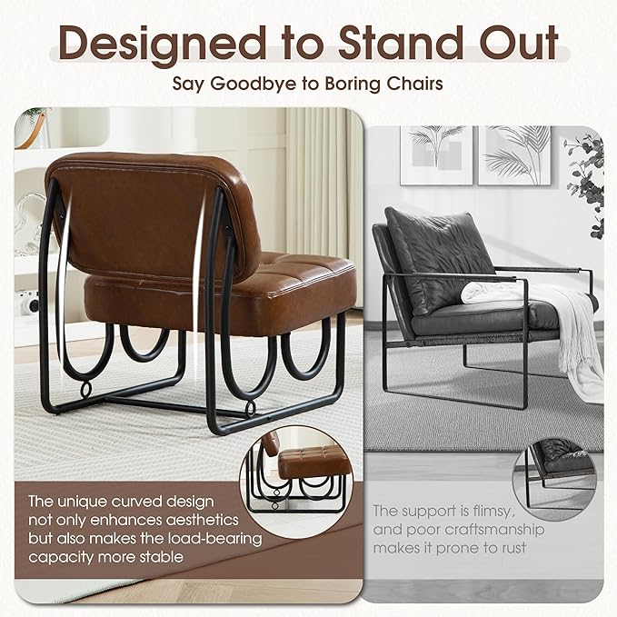 Armless Accent Chair Mid Century Modern Upholstered Leather Chair with Metal Frame 64 Wide Vintage Design for Bedroom Living Room Office Brown
