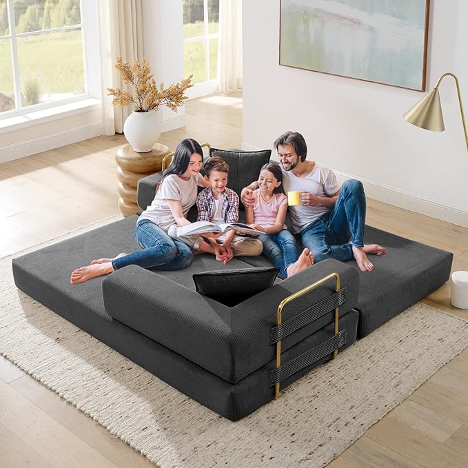 Convertible Folding Sofa Bed Corduroy Sleeper Mattress Couch with Fixed-Shape Frame Free Combination Loveseat Lounge Floor Sofa Queen Size Memory Foam Couch for Living Room Bedroom Dark Grey