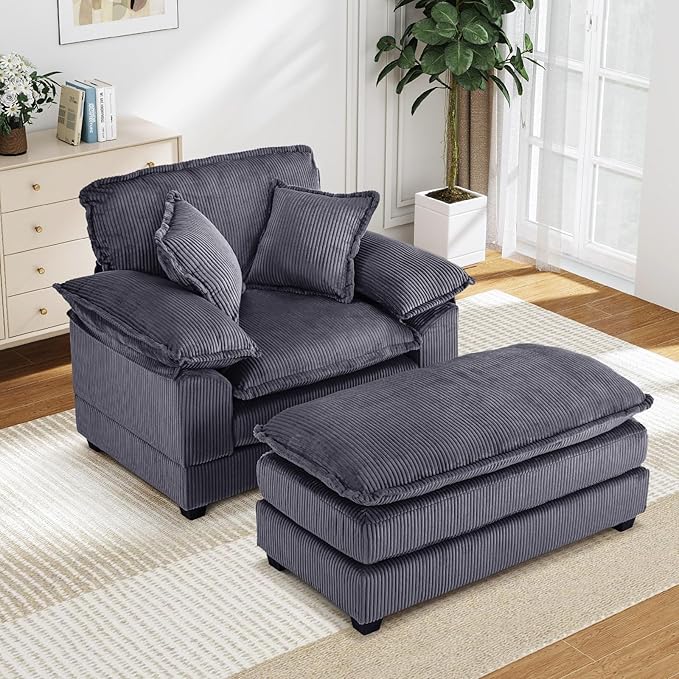 Oversized Chaise Lounge Indoor 56.3 Big Comfy Modern Sleeper with Removable Ottoman Wide Armrest and 2 Pillows Corduroy Couch with Deep Seat Lounge Chair for Living Room Reading Bedroom (Grey)