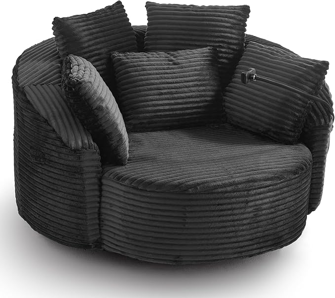 360° Swivel Accent Chair with 5 Throw Pillows Adjustable Phone Holder Corduroy Fabric Round Sofa Chair Barrel Chair with Semi-Wraparound Design for Living Room Office and Hotel (Black1)