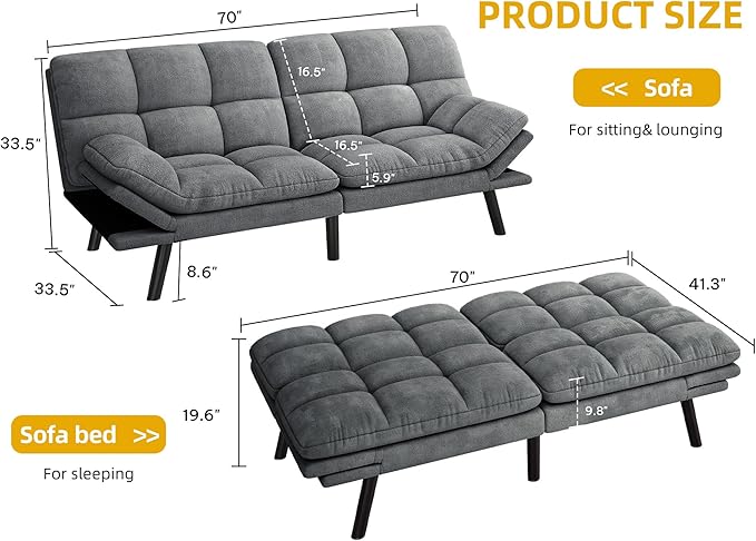 YITAHOME Convertible Futon Sofa Bed 70 Folding Futon Set for Living Room Home Office Aprtment Modern Futon Couch with Adjustable Backrest &amp Armrests Recliner Lounge Loveseat Sofa
