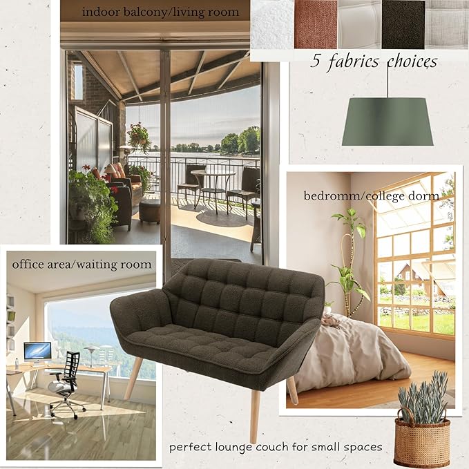 48 Small Loveseat for Small Spaces Upholstered Fluffy Loveseat Sofa Mid Century Modern Mini Couch with Armrest and Wood Legs for Bedroom Living Room Apartment Green