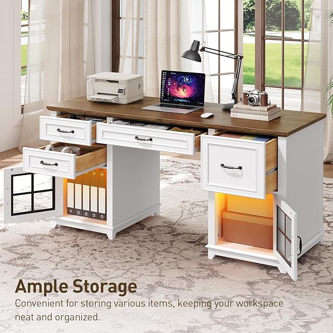 58 Executive Desk Farmhouse Computer Desk with Drawers and File Cabinet LED Light Wooden Home Office Desk with Charging Station Workspace for Study Writing White and Walnut