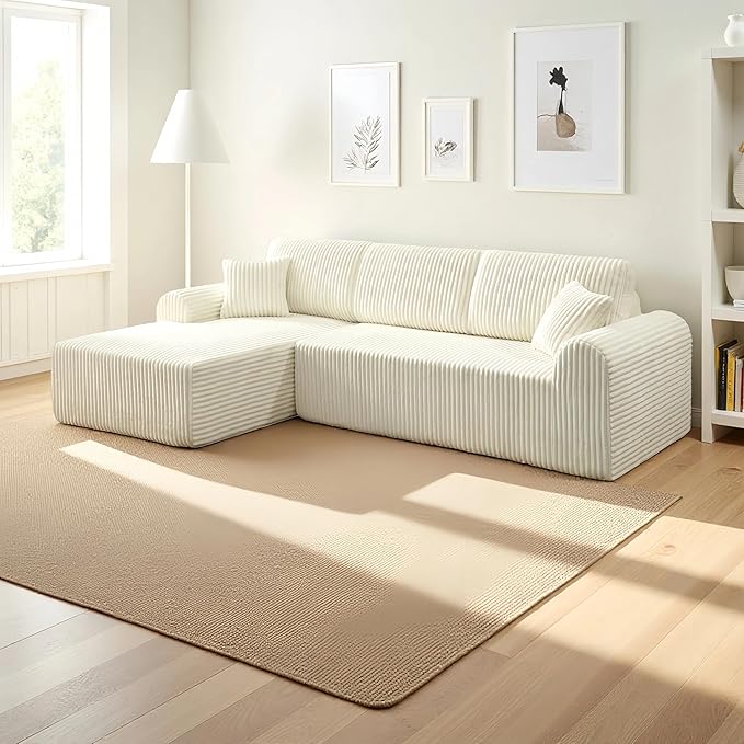 109-Inch L-Shaped Left Facing Boneless Corner Sofa 2 PCS Modular Sectional Cloud Sofa Couch with Chaise Lounge and Toss Pillow Corduroy Boneless L-Shaped Couches