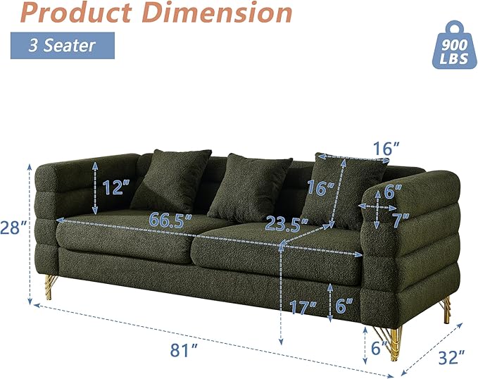 mikibama Modern Teddy Sectional Sofa 81 Inch Oversized Sofa Couch Luxury 3 Seater Deep Couch with 3 Pillows and Gold Metal Legs for Living Room Bedroom Apartment (Green)