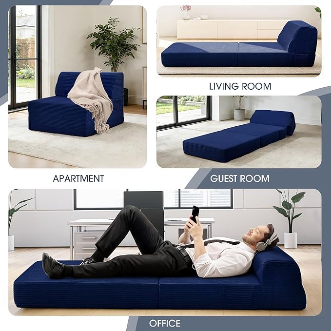 Folding Sofa Bed with Pillow Memory Foam Fold Out Chair Bed Convertible Sleeper Chair with Washable Cover Futon Floor Couch for Living Room/Dorm/Guest Use/Home Office/Apartment Navy Blue
