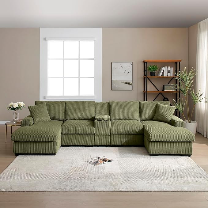 U-Shaped Sectional Cloud Sofa with Storage Console and Cupholders 126-Inch U-Shaped Symmetrical Corduroy Sectional Couch W/2 Chaise LoungesUSB-C Ports &amp 2 Pillows