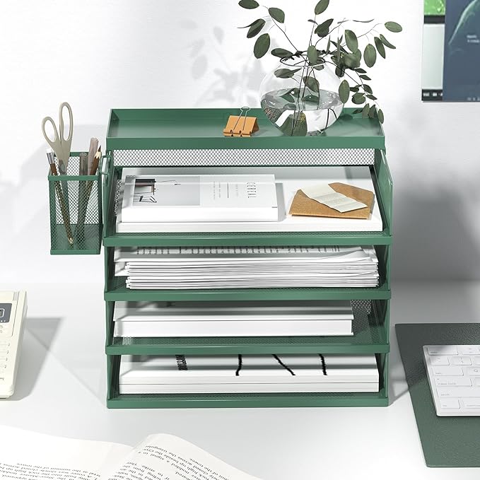 Metal Stackable Letter Trays 4-Tier Desk Organizer &amp Paper Trays for Office Stackable File &amp Document Tray with Magnetic LabelsGreen
