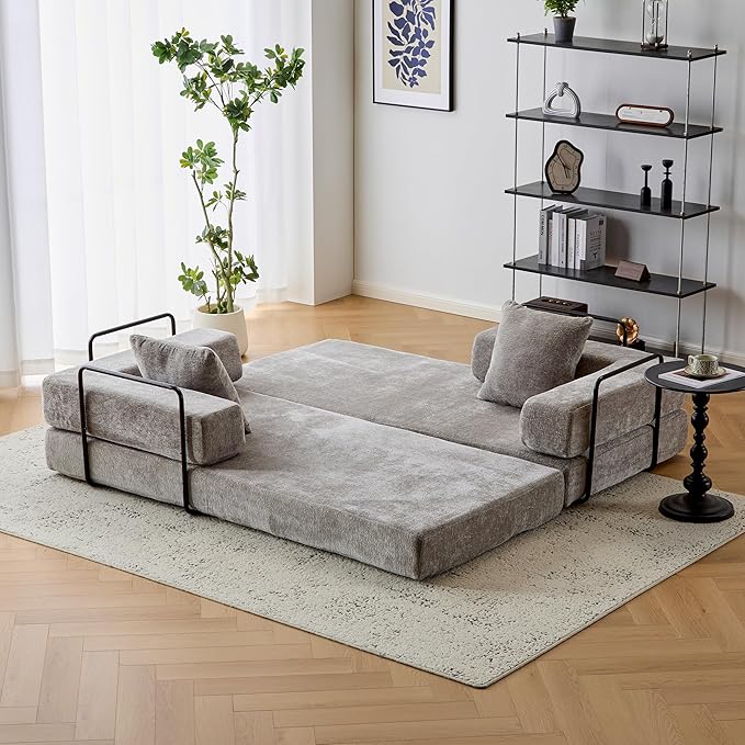 Convertible Floor Sofa Bed with Fixed-Shape Frame Modular Chenille Folding Mattress Couch with Armrest Floor Sofa Lounge Couch for Living Room Bedroom Lounge StudioLight Grey