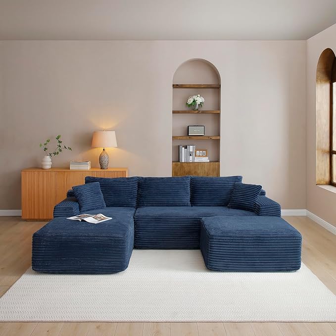KEIKI 3 Seater Corduroy Boneless Modular Sectional Couch Sofa with Oversized Chaise Lounge Ottoman &amp Back Cushions Deep Seat Modern L-Shape Cloud Compressed Sofa Couches for Living Room Bedroom