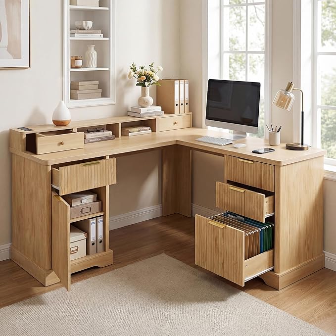 Modern Fluted 59 Executive L Shaped Desk with Drawer Home Office Desk with Charging Station Corner Computer Desk with Monitor Stand File Drawer Storage Cabinet (Natural)