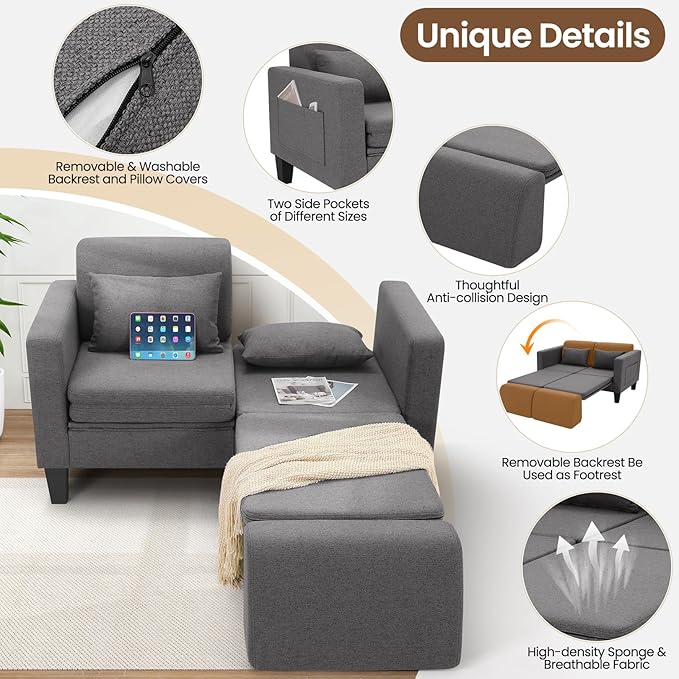 SEJOV 6-in-1 Convertible Sofa Bed 58 Loveseat Sleeper Sofas with Pull Out Couch Bed Removable Backrest Storage Pockets and 2 Pillows Modern Folding Linen Futon Couch for Small Spaces Gray