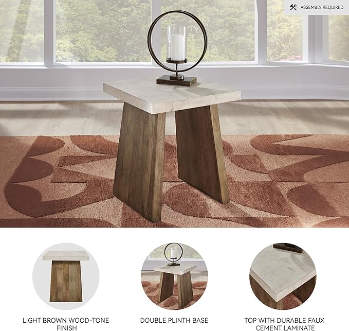 Signature Design by Ashley Brendalhouse Casual End Table with Faux Cement Top and Double Plinth Base Solid Mango Wood Melamine Laminate Casually Cool Design Light Brown &amp White