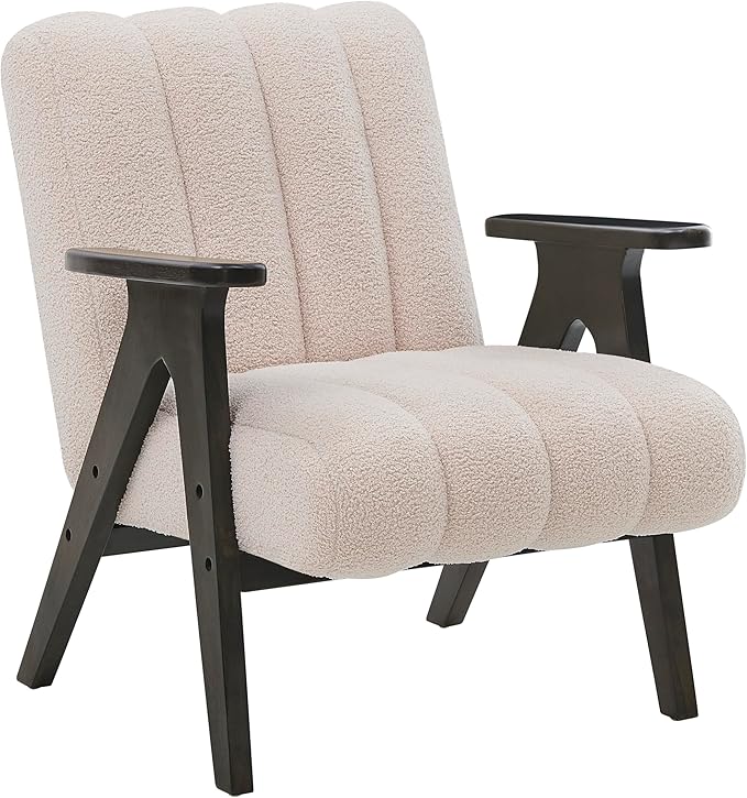 Roundhill Furniture Rella Modern Teddy Sherpa Accent Chair with Espresso Wood Frame Beige