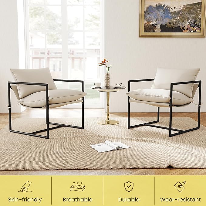 Kromax Sling Accent Chair Set of 2 Cozy Living Room Chairs Square Metal Frame Upholstered Soft Cushion Sponge 28 x28“x32 Easy Assembly Beige
