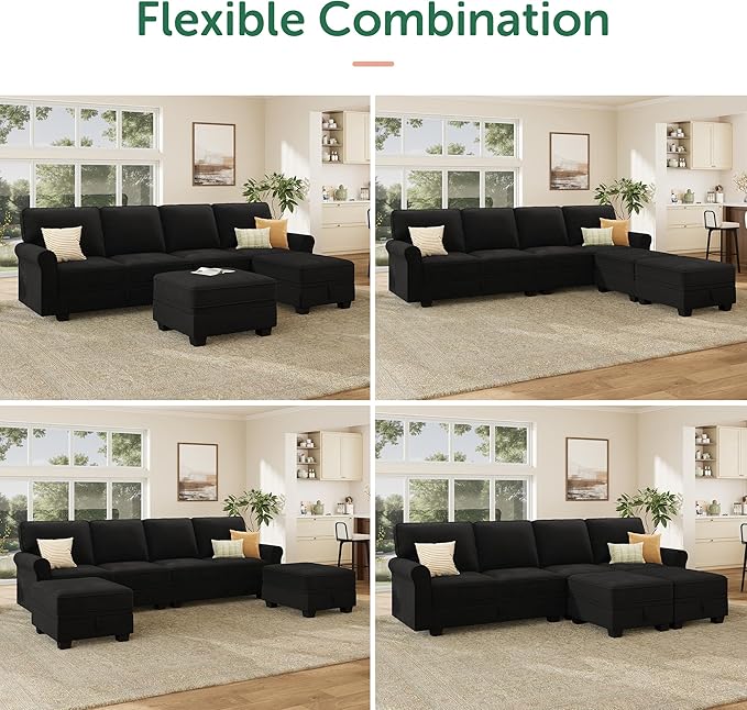 HONBAY Convertible Sectional Sofa with Storage U Shaped Sectional Couch with Reversible Chaise Small Sectional Couches for Living RoomMid Black