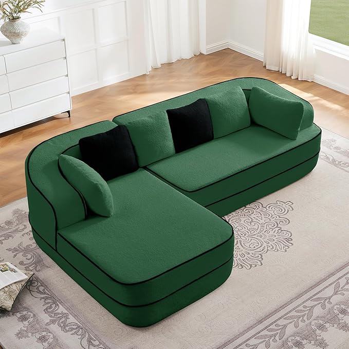 KEIKI 2Seat Modular Boneless Sectional Velvet Sofa Couch with Chaise for Garden Home Bedroom Studio Style Conscious Nature Lovers Luxurious Elegant Sophisticated Refined Quality Design Green