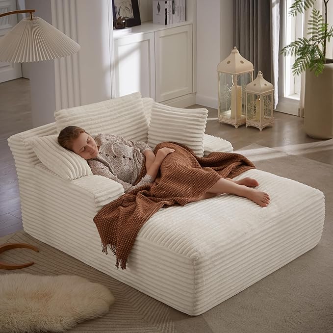 Oversized Chaise Lounge Chair Indoor Corduroy Sofa Bed with Throw Pillows Recliner Chair Comfy Large Deep Seat Sofa Couch for Living Room Bedroom Apartment (White)