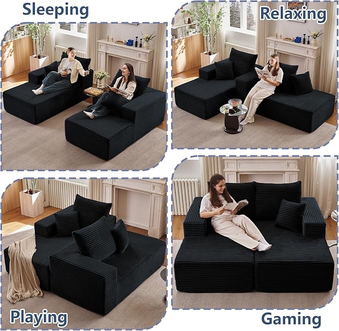 75Oversized Chaise Lounge ChairSectional Double Lounge Chaise with Pillows Upholstered Corduroy Boneless Lounge Chair Fluffy Modern Loveseat Sleeper Sofa for Living Room or Bedroom(Black)