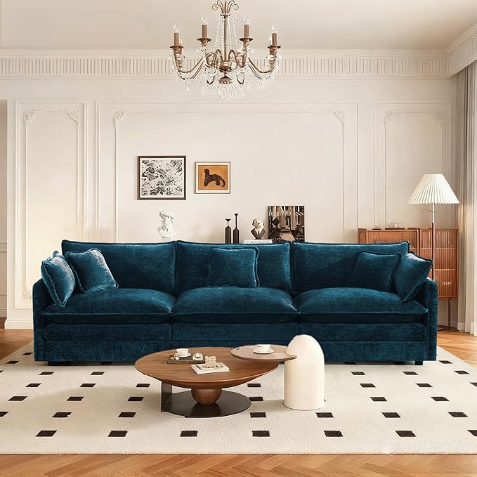 SoarFlash Chenille Sectional Sofa Comfy Modular Loveseat Sofa Modern 3-Seat Couch Deep Seat Sofa Set for Living RoomDeep Blue