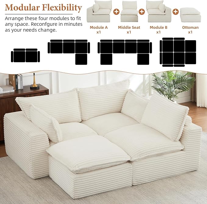 110 Inch Modular Sectional Sofa - Cloud Sectional Couch with OttomanCorduroy Boneless Couches with Deep SeatModern Sponge Compressed Couches for Living Room (White 4 Seat -L Shape Couch)
