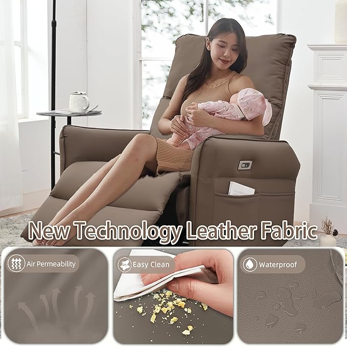 Power Swivel Rocker Recliner Chair for Nursery Upholstered 270° Swivel Glider Rocker Chair with USB Ports Small Power Recliners for Small Spaces Living Room (Brown)