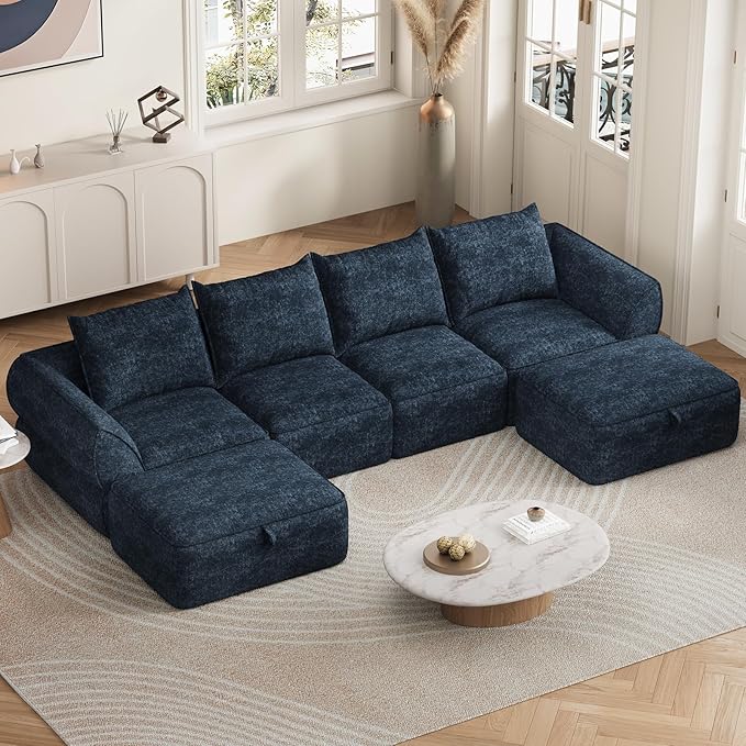 132 Modular Sectional Sofa with Deep Seat U-Shaped Cloud Couch for Living Room 4-Seater Boneless Sofa with 2 Ottomans Flexible Combination Modern Upholstery Sofa No Assembly Required Aqua Blue