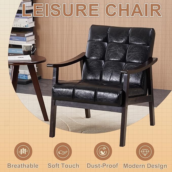 Medieval Modern Armchair High Back Antique Black Upholstered Chair with Solid Wood Legs Vintage-Inspired Reading Chair for Living Room Bedroom Study Lounge Furniture (Black + PU Leather)