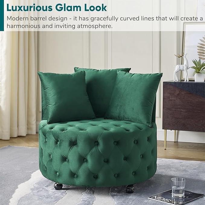 JOYBASE Swivel Barrel Chair Round Swivel Accent Chair with 3 Pillows Cozy Comfy Lounge Chair Circle Club Chair Armchair Modern Sofa Chair for Living Room Bedroom (Green Velvet)