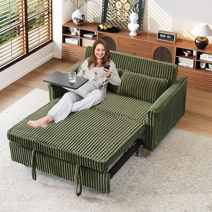 54'' Corduroy 3-in-1 Convertible Sofa Bed Pull Out Sleeper Loveseat Couch with USB Ports &amp Storage Pockets Futon Couches for Small Space Living Room Apartment (Green New)