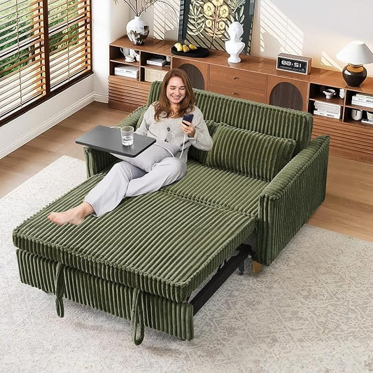 54'' Corduroy 3-in-1 Convertible Sofa Bed Pull Out Sleeper Loveseat Couch with USB Ports &amp Storage Pockets Futon Couches for Small Space Living Room Apartment (Green New)